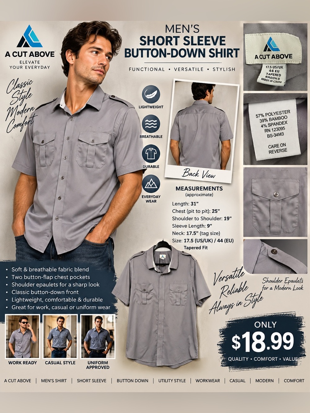 A Cut Above Men’s Short-Sleeve Button-Down Shirt in Light Gray
